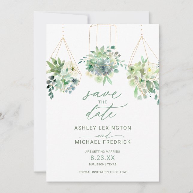 Wedding Succulent Watercolor Greenery Dusty Blue Save The Date (Front)