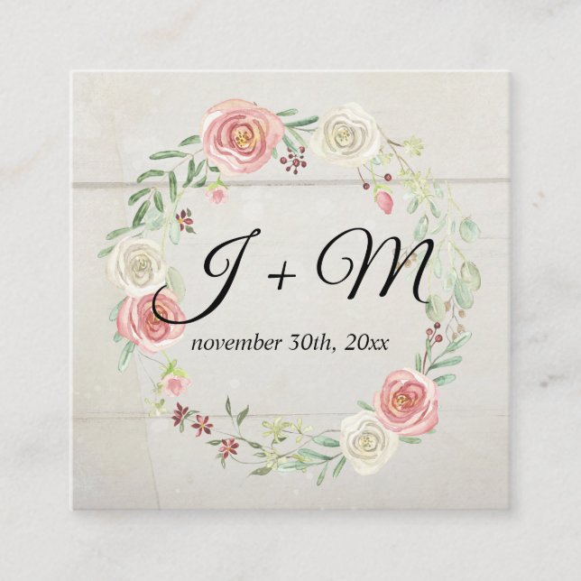 Wedding Suite Stacking Wooden Rustic Floral Wreath Square Business Card (Front)
