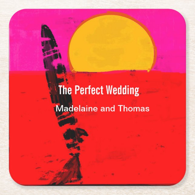 Wedding Summer Beach Retro Poster  Square Paper Coaster (Front)