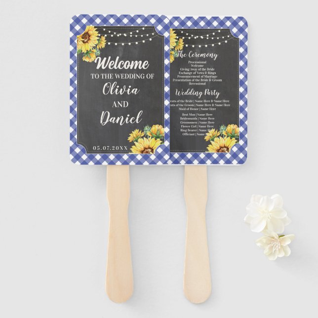 Wedding Sunflower Flower Navy Florals Hand Fan (Front and Back)