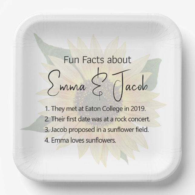 Wedding Sunflower with Fun Facts  Paper Plate (Front)