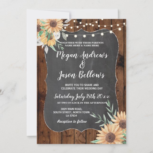 Wedding Sunflower Wood Floral Lights Invitation (Front)