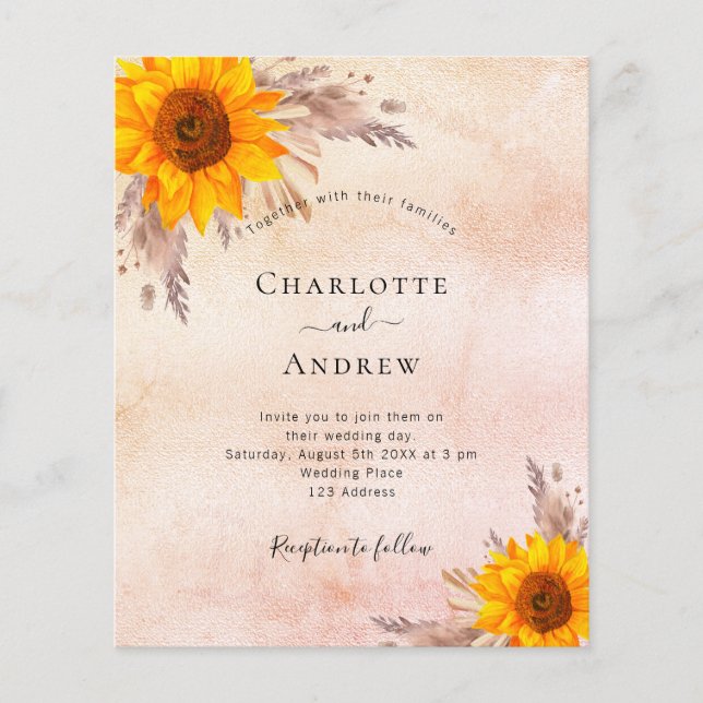 Wedding sunflowers boho pampas grass blush budget flyer (Front)
