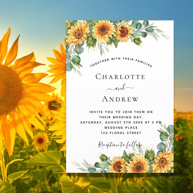 Wedding sunflowers eucalyptus boho elegant invitation postcard (Creator Uploaded)