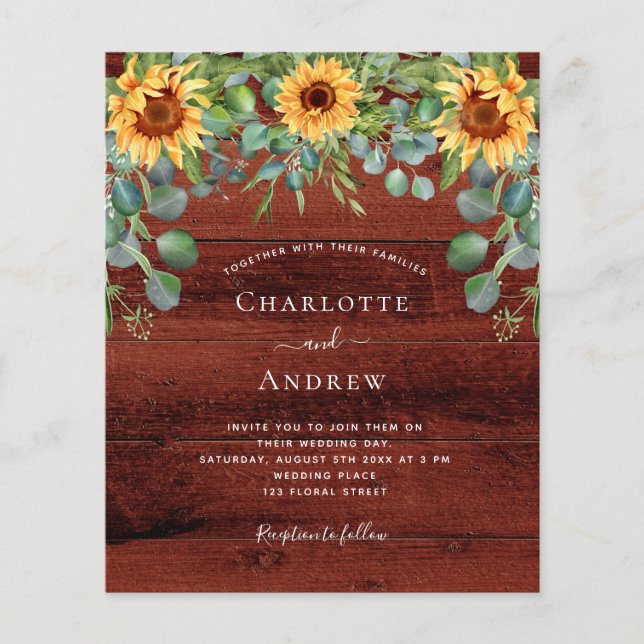 Wedding sunflowers eucalyptus brown wood budget flyer (Front)