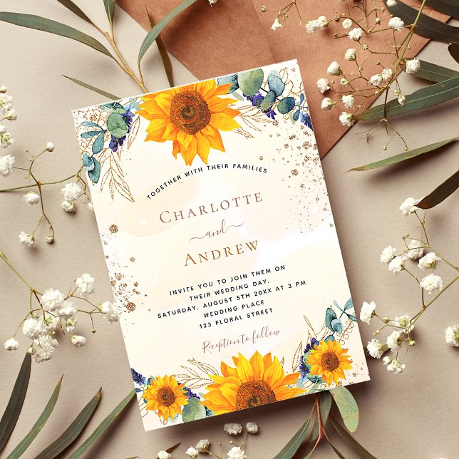 Wedding sunflowers eucalyptus gold glitter invitation (Creator Uploaded)