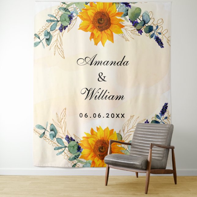 Wedding sunflowers eucalyptus greenery names tapestry (In Situ)