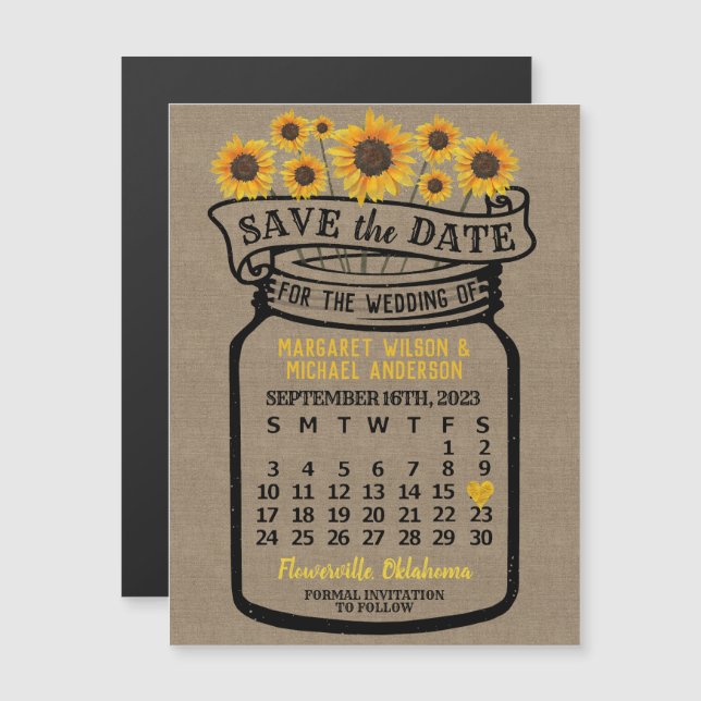 Wedding Sunflowers Jar September 2023 Date Magnet (Front/Back)