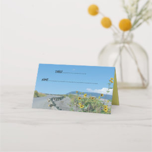 Wedding sunflowers together western mountain road  place card