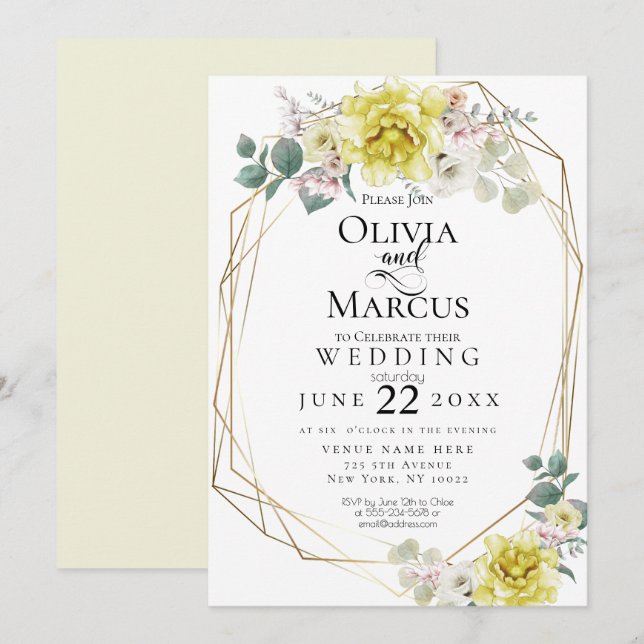 Wedding |  Sunny Yellow Peony Watercolor Flowers Invitation (Front/Back)