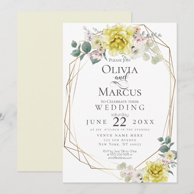 Wedding |  Sunny Yellow Peony Watercolor Flowers Invitation (Front/Back)