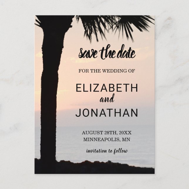 Wedding Sunset w/ Palm Tree Silhouette Beach Scene Announcement Postcard (Front)