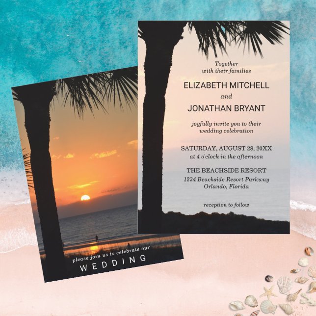 Wedding Sunset w/ Palm Tree Silhouette Beach Scene Invitation (Creator Uploaded)
