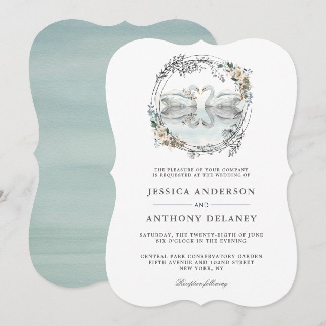 Wedding Swans Elegant Watercolor Floral Invitation (Front/Back)