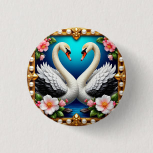 Wedding Swans Framed with Gold and Blossoms 3 Cm Round Badge