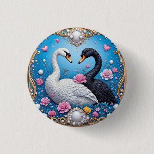 Wedding Swans Framed with Gold and Blossoms 3 Cm Round Badge