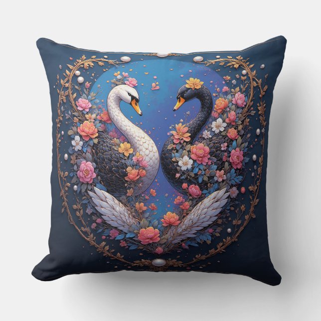 Wedding Swans Framed with Gold and Blossoms Cushion (Front)
