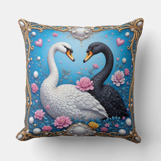 Wedding Swans Framed with Gold and Blossoms Cushion (Front)