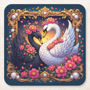 Wedding Swans Framed with Gold and Blossoms Square Paper Coaster