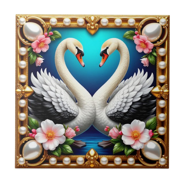 🦢 Wedding Swans Gold Frame Floral Romantic Art  Tile (Front)