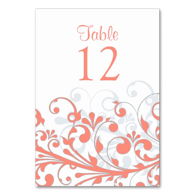 Wedding Table Card Abstract Coral Grey Floral (Front)