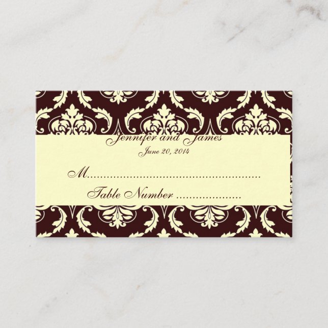 Wedding Table Escort Cards Brown Ivory Damask (Front)
