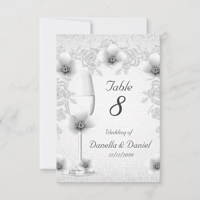 Wedding Table Number Blossoms White Silver Roses (Front)
