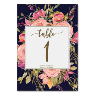 Wedding table number card boho floral navy