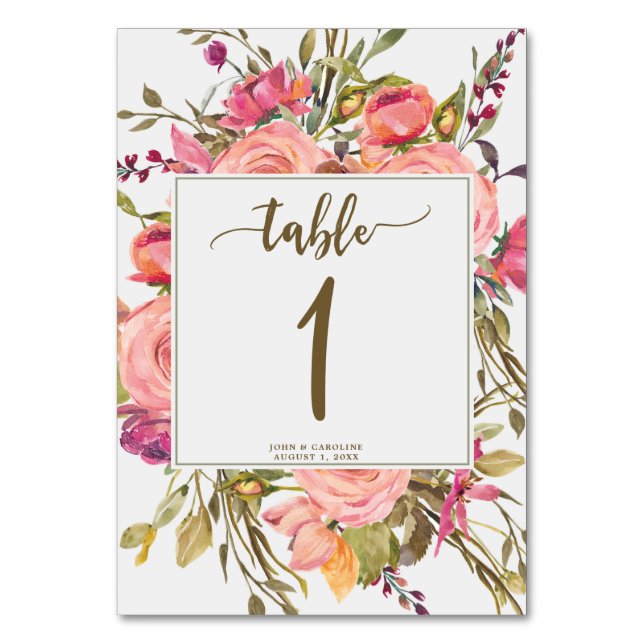 Wedding table number card boho wildflower pink (Front)