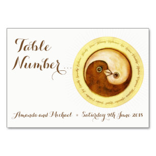 WEDDING TABLE NUMBER CARD. Gold doves YinYang