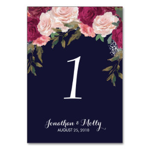 Wedding table number card navy floral