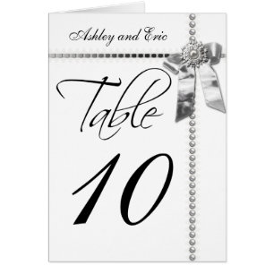 Wedding Table Number Card Silver Bow Ribbon Print