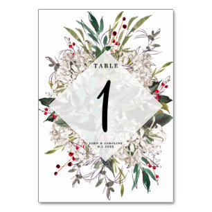 Wedding table number card white floral greenery
