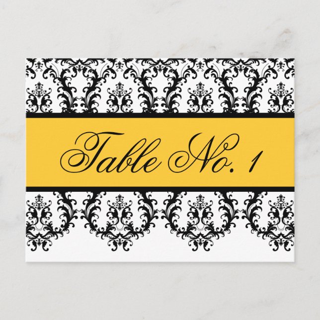 Wedding Table Number Cards Black Damask Yellow (Front)