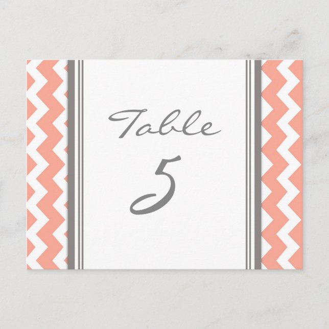 Wedding Table Number Cards Coral Grey Chevron (Front)