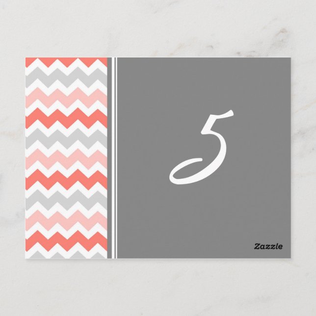 Wedding Table Number Cards Coral Grey Chevron (Back)
