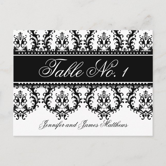 Wedding Table Number Cards Damask Names Black (Front)