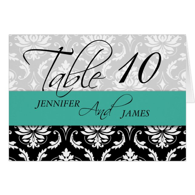 Wedding Table Number Cards Damask Turquoise (Front Horizontal)