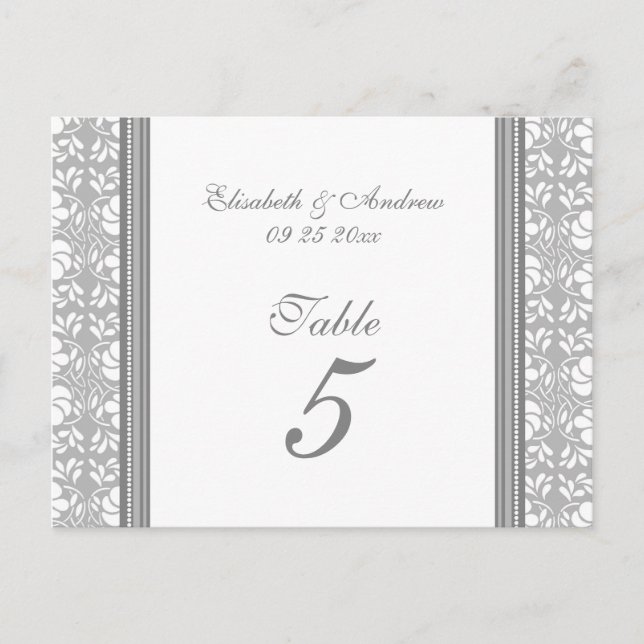Wedding Table Number Cards Grey Damask (Front)