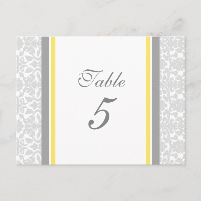 Wedding Table Number Cards Lemon Grey Damask (Front)