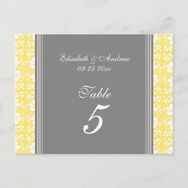 Wedding Table Number Cards Lemon Grey Damask (Front)