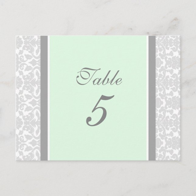 Wedding Table Number Cards Mint Grey Damask (Front)