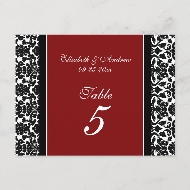 Wedding Table Number Cards Red Damask (Front)