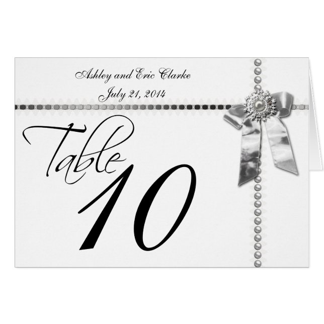 Wedding Table Number Cards Silver Bow Ribbon (Front Horizontal)