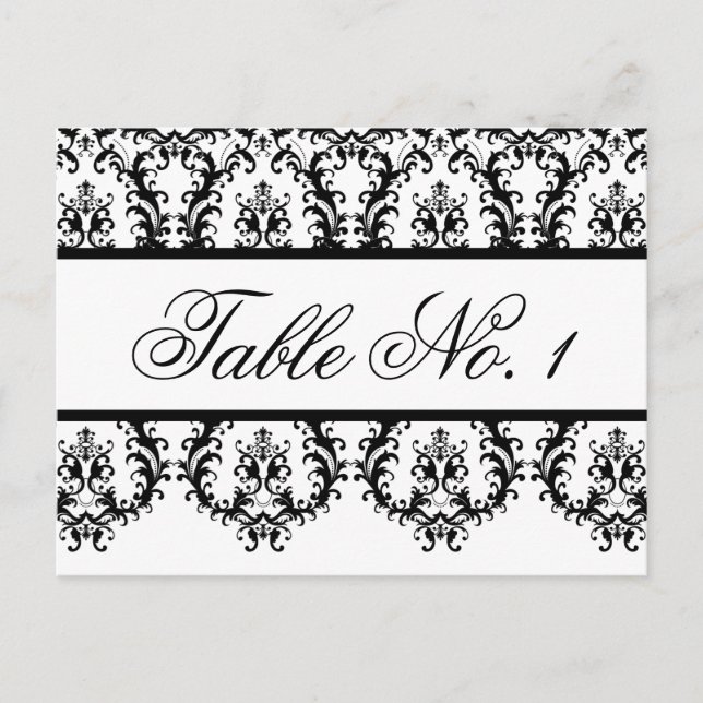 Wedding Table Number Cards White Black Damask (Front)