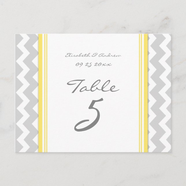 Wedding Table Number Cards Yellow Grey Chevron (Front)