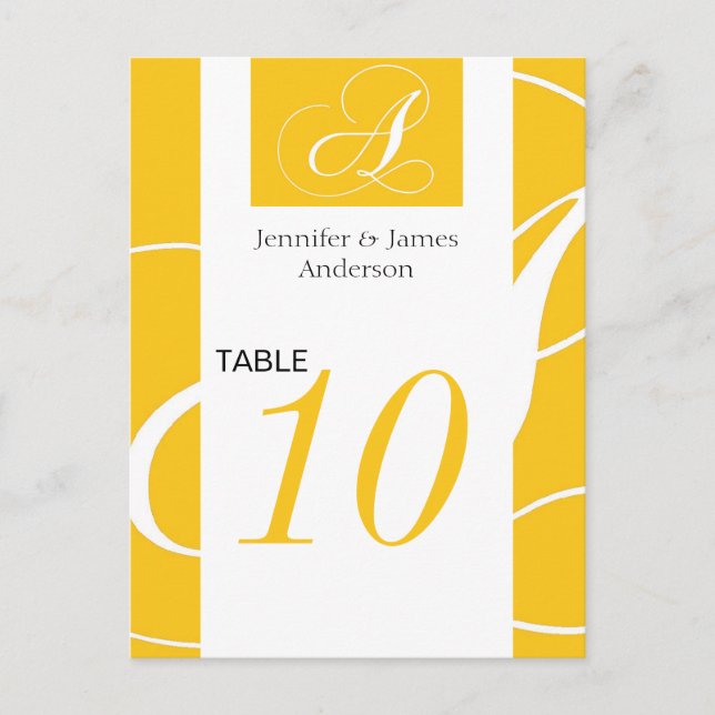 Wedding Table Number Cards Yellow Monogram A (Front)
