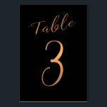 Wedding table number copper glitter black elegant<br><div class="desc">Faux rose gold metallic foil formal calligraphy script wedding reception table card. The dark midnight navy blue background colour is editable. You can change it after pushing CUSTOMIZE FURTHER button. You can find the whole range of numbers (1 - 50) here: http://bit.ly/2sLMaFh If you need help, please contact me through...</div>