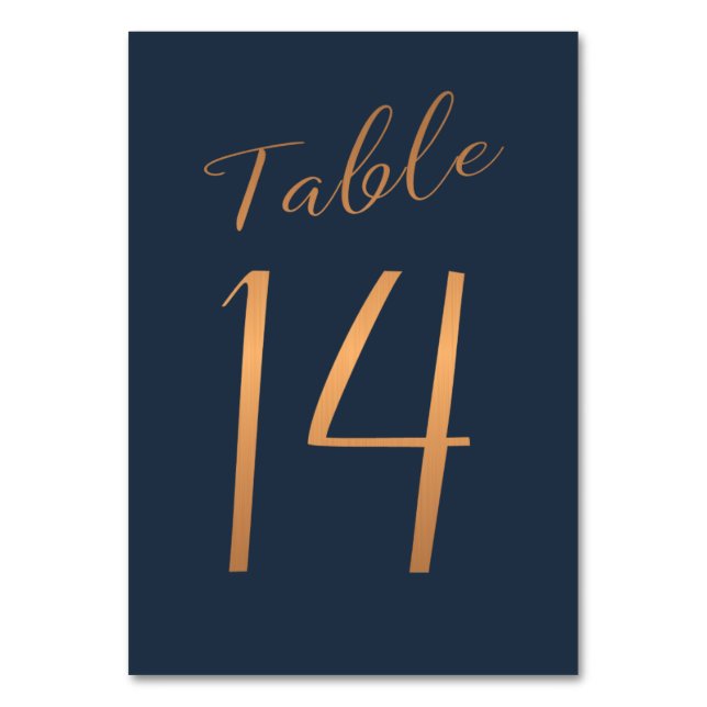 Wedding table number copper gold glitter navy (Front)