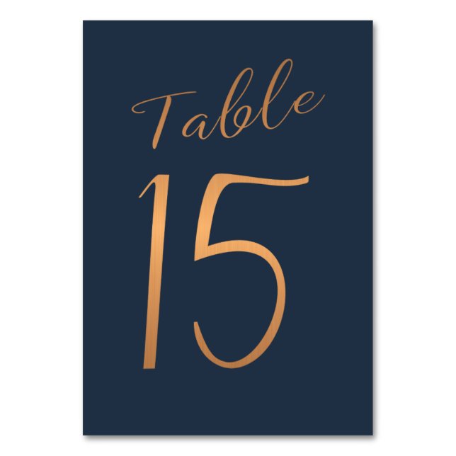 Wedding table number copper gold glitter navy (Front)